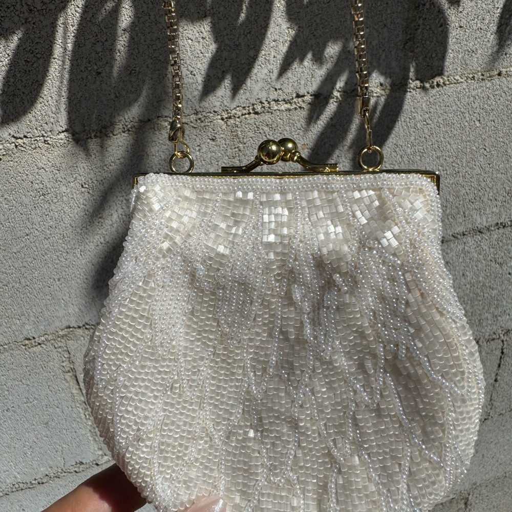 La Regale Ivory Beaded satin Bag with 23’Gold Chain
